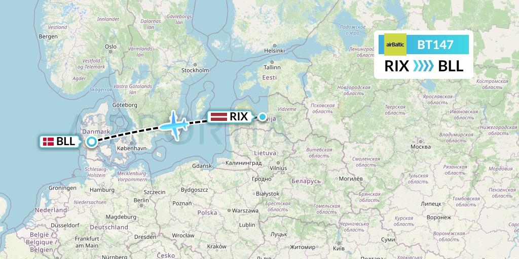 BT147 Air Baltic Flight Map: Riga to Billund