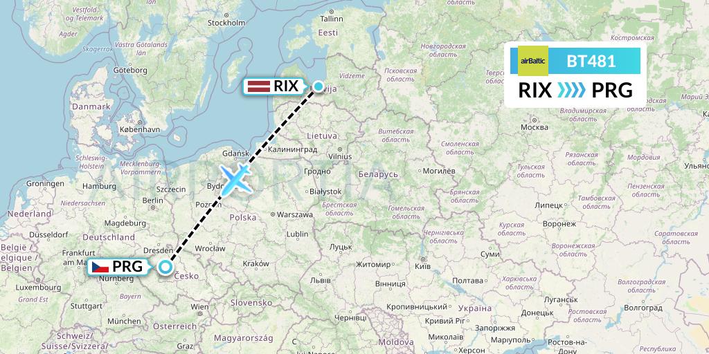 BT481 Air Baltic Flight Map: Riga to Prague