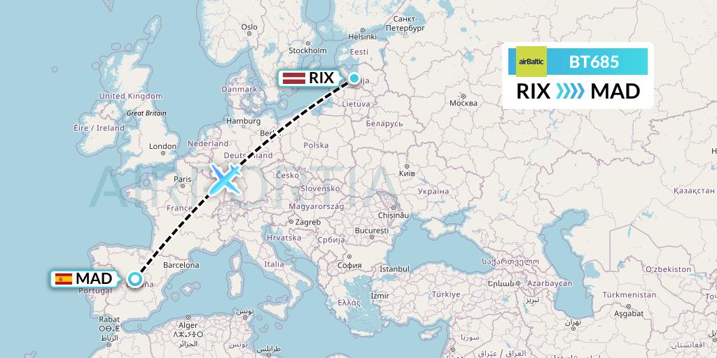 BT685 Air Baltic Flight Map: Riga to Madrid