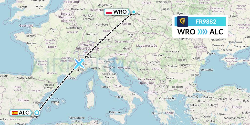 FR9882 Ryanair Flight Map: Wroclaw to Alicante