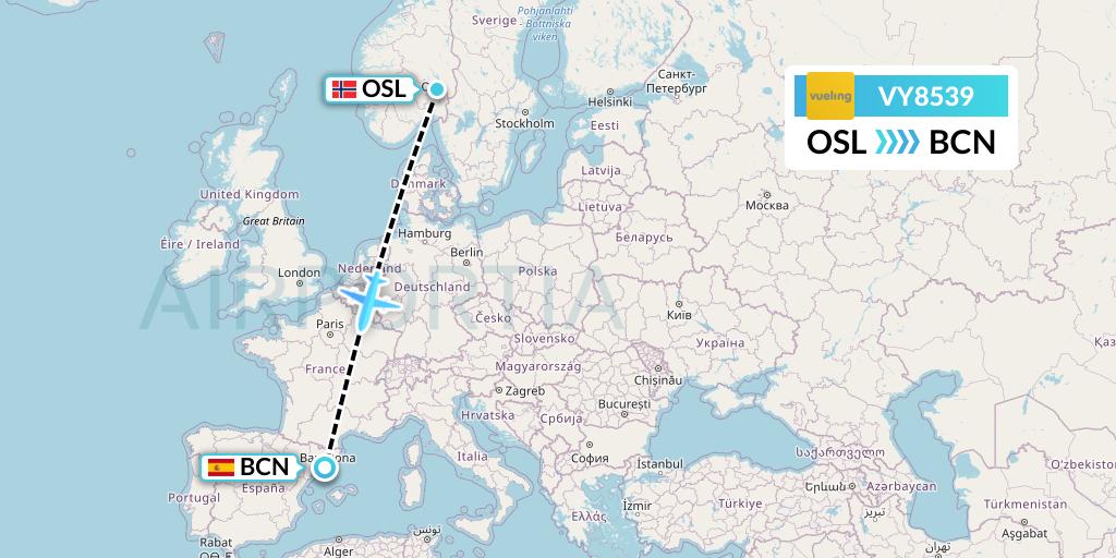 VY8539 Vueling Flight Map: Oslo to Barcelona
