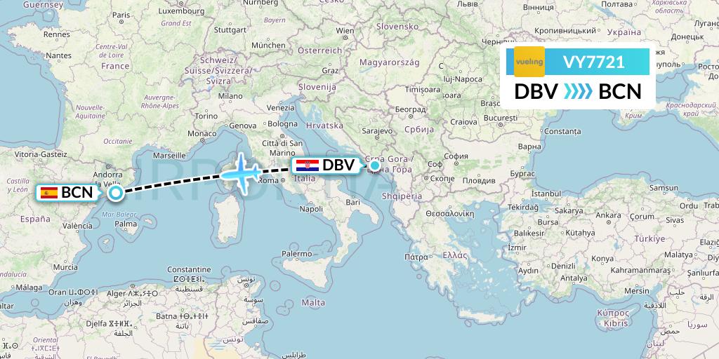 VY7721 Vueling Flight Map: Dubrovnik to Barcelona