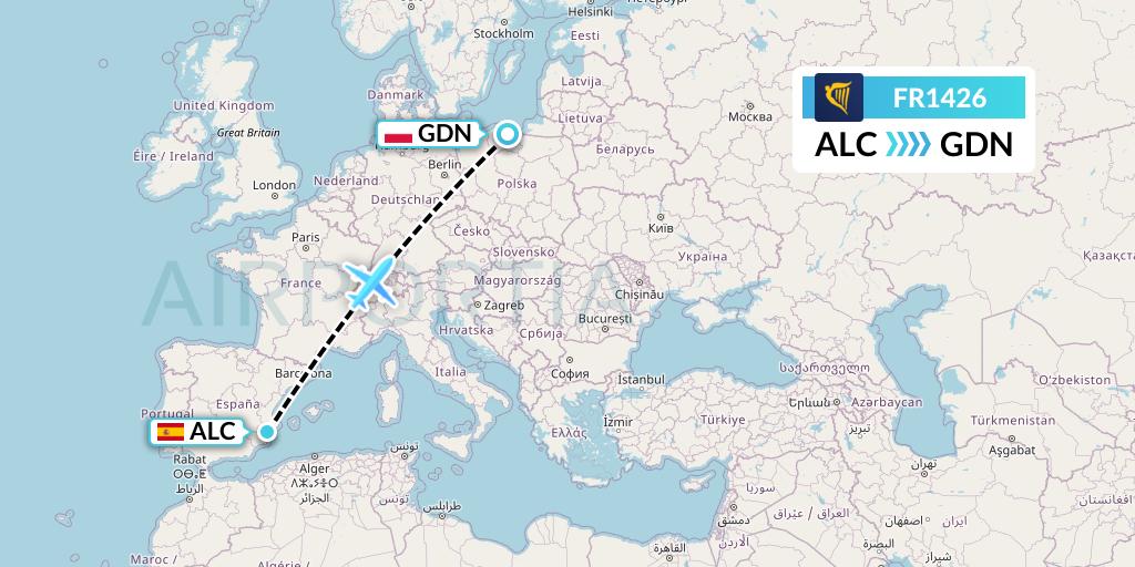 FR1426 Ryanair Flight Map: Alicante to Gdansk