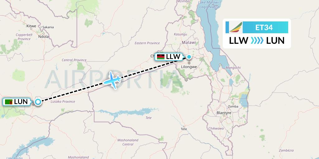 ET34 Ethiopian Airlines Flight Map: Lilongwe to Lusaka
