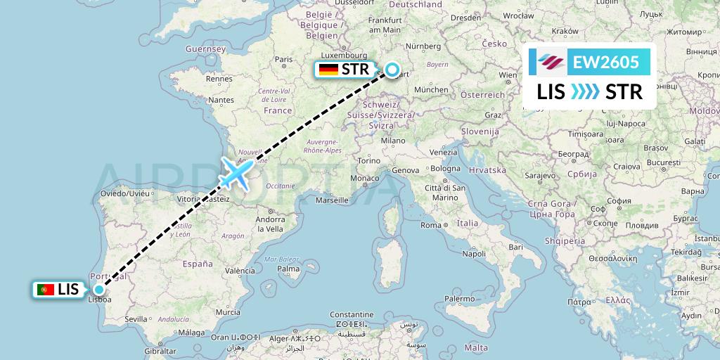EW2605 Eurowings Flight Map: Lisbon to Stuttgart