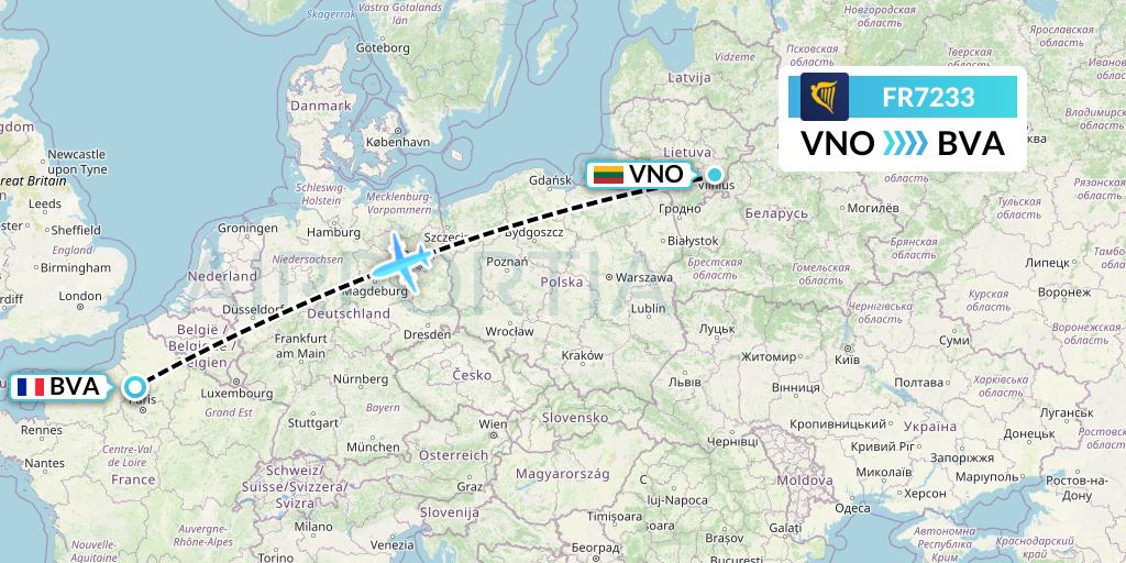 FR7233 Ryanair Flight Map: Vilnius to Paris