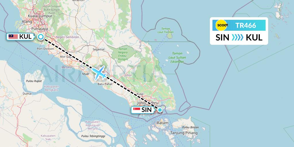 TR466 Tigerair Flight Map: Singapore to Kuala Lumpur