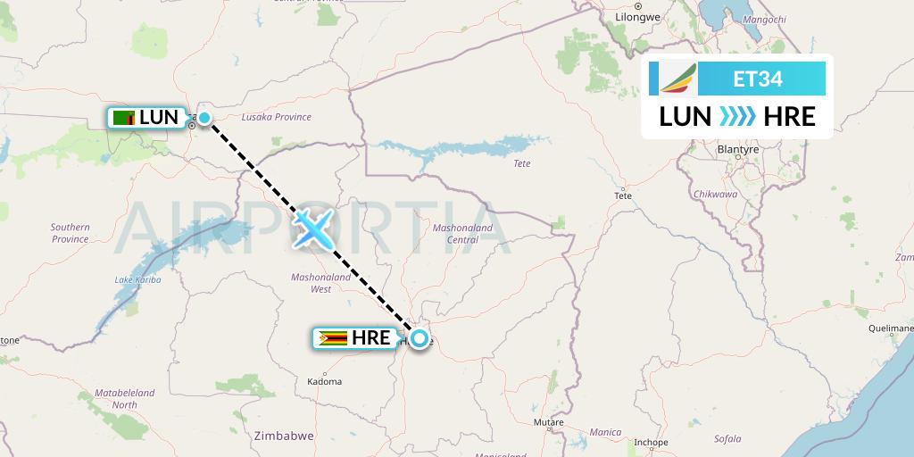 ET34 Ethiopian Airlines Flight Map: Lusaka to Harare