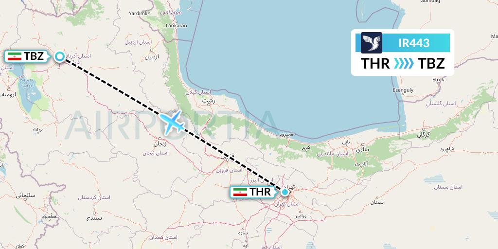 IR443 Iran Air Flight Map: Tehran to Tabriz