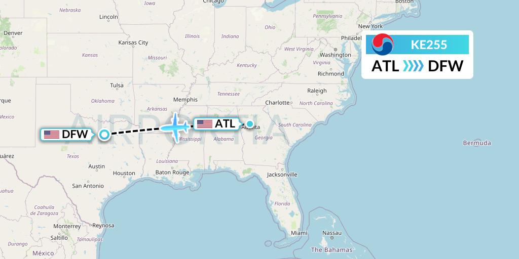 KE255 Korean Air Flight Map: Atlanta to Dallas