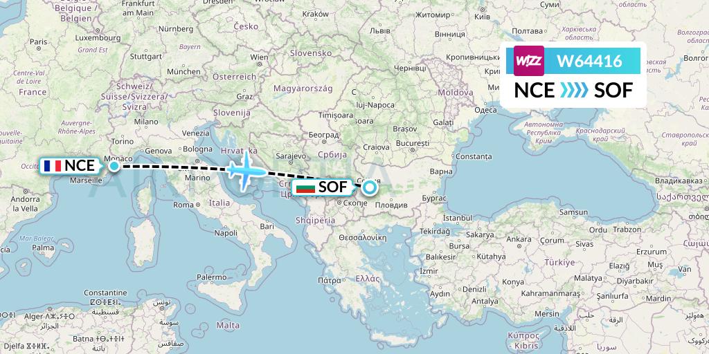 W64416 Wizz Air Flight Map: Nice to Sofia