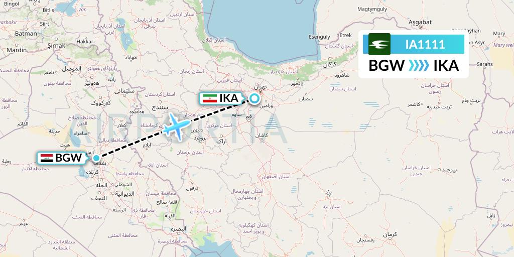 IA1111 Iraqi Airways Flight Map: Baghdad to Tehran