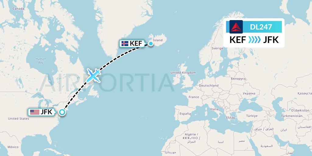 DL247 Delta Air Lines Flight Map: Reykjavik to New York