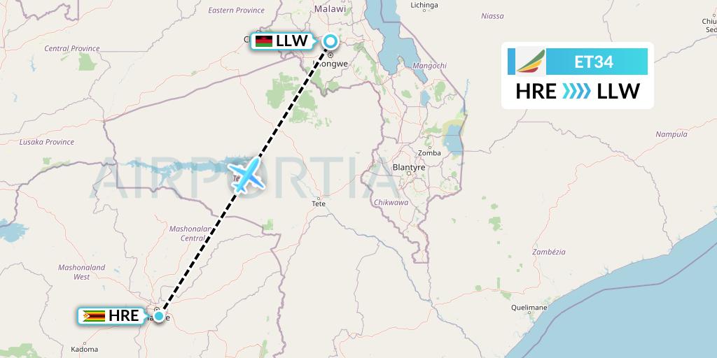 ET34 Ethiopian Airlines Flight Map: Harare to Lilongwe