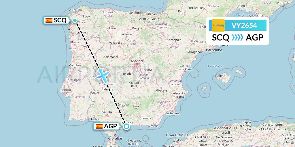 VY2654 Vueling Flight Map: Santiago to Malaga