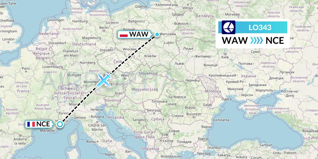 LO343 LOT Flight Map: Warsaw to Nice