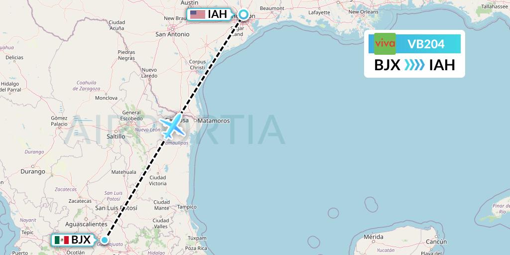 VB204 VivaAerobus Flight Map: Silao to Houston