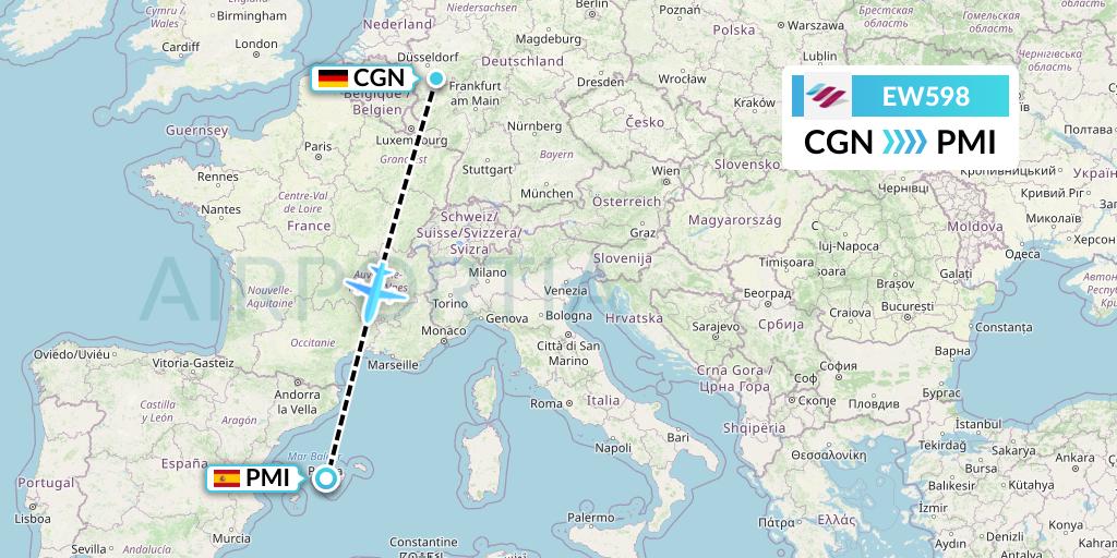 EW598 Eurowings Flight Map: Cologne to Palma de Mallorca