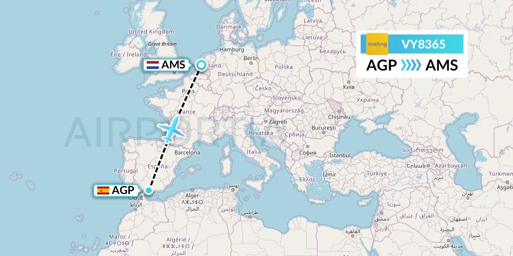 VY8365 Vueling Flight Map: Malaga to Amsterdam
