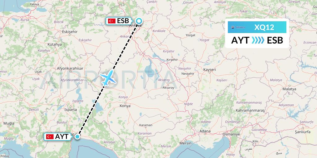 XQ12 SunExpress Flight Map: Antalya to Ankara