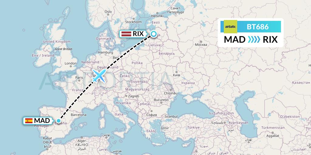 BT686 Air Baltic Flight Map: Madrid to Riga