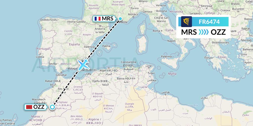 FR6474 Ryanair Flight Map: Marseille to Ouarzazate