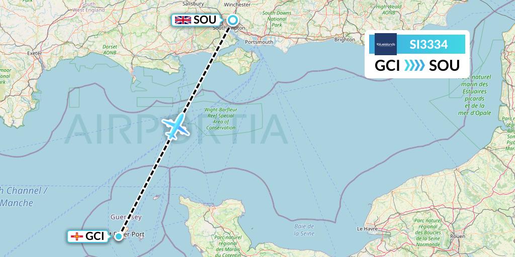 SI3334 Blue Islands Flight Map: Guernsey to Southampton