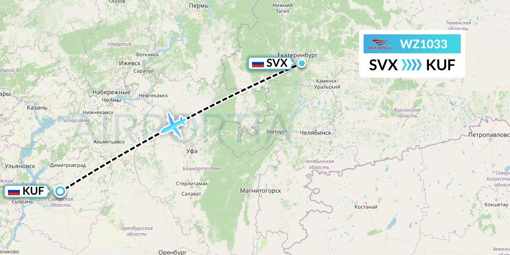 WZ1033 Red Wings Flight Map: Yekaterinburg to Samara
