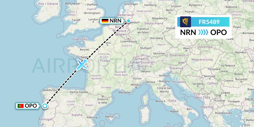 FR5489 Ryanair Flight Map: Weeze to Porto