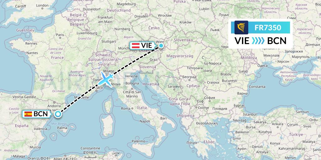 FR7350 Ryanair Flight Map: Vienna to Barcelona