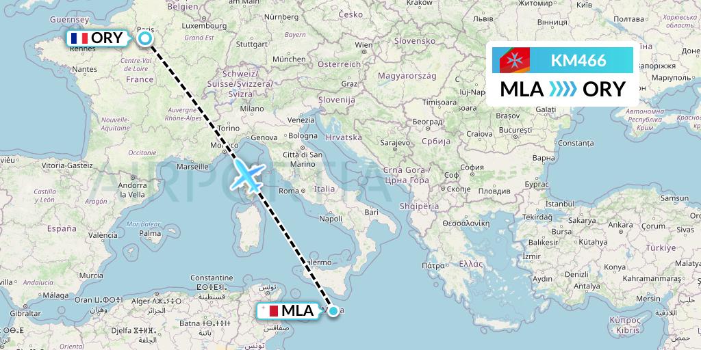 KM466 Air Malta Flight Map: Malta to Paris
