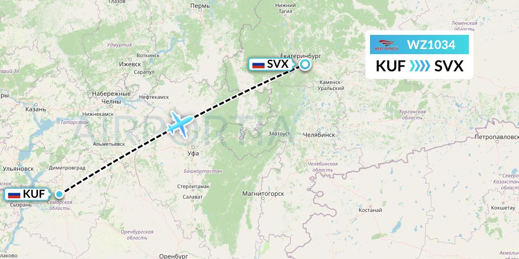 WZ1034 Red Wings Flight Map: Samara to Yekaterinburg