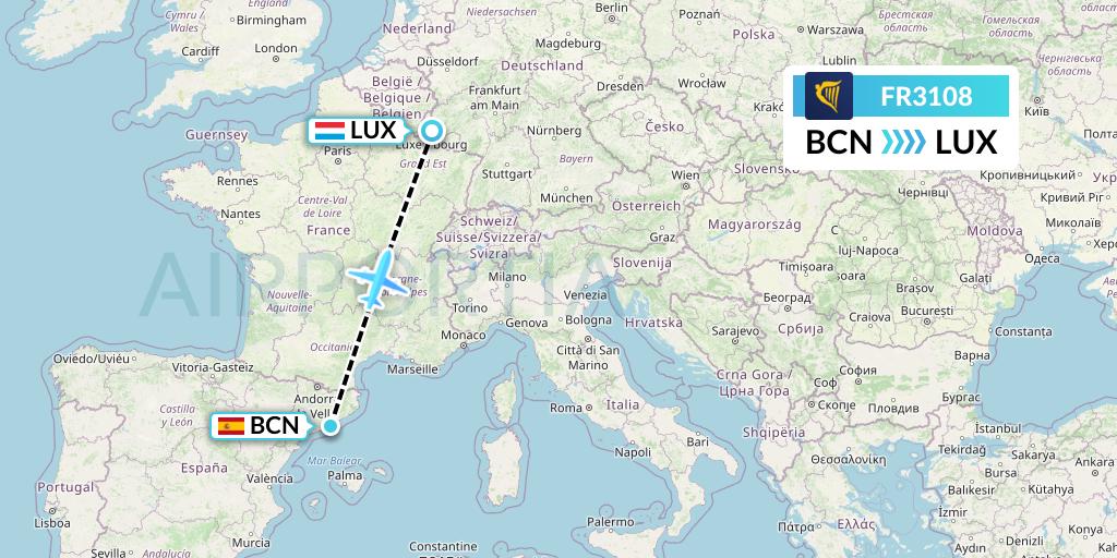 FR3108 Ryanair Flight Map: Barcelona to Luxembourg