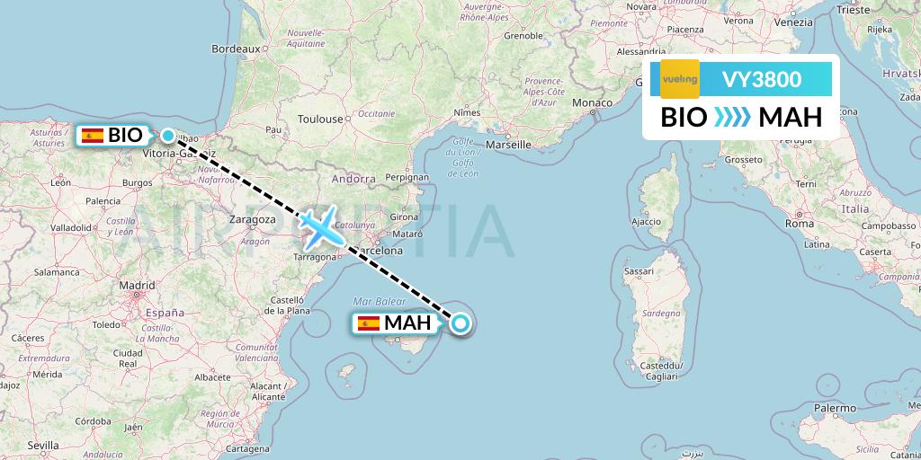 VY3800 Vueling Flight Map: Bilbao to Mahon