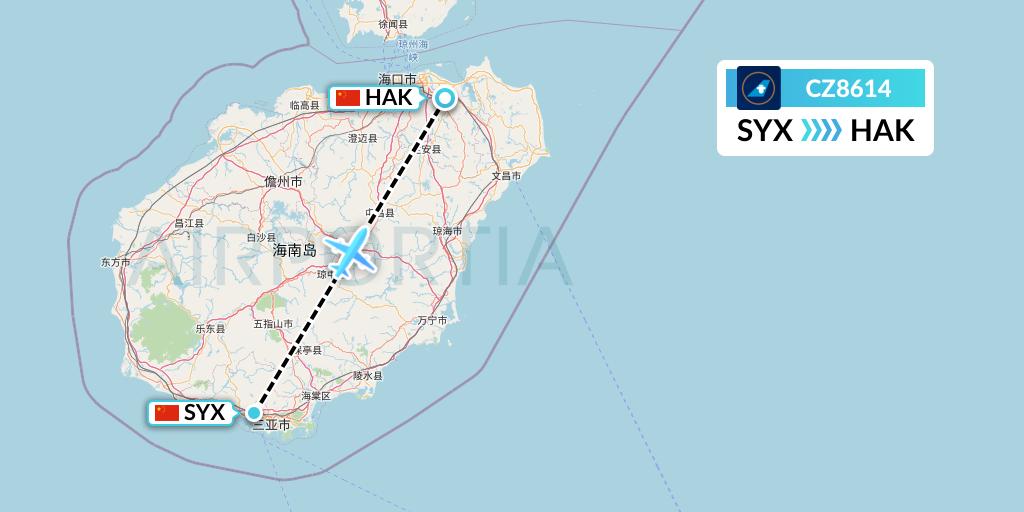 CZ8614 China Southern Airlines Flight Map: Sanya to Haikou