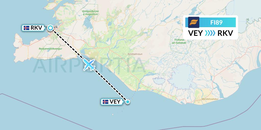 FI89 Icelandair Flight Map: Vestmannaeyjar to Reykjavik