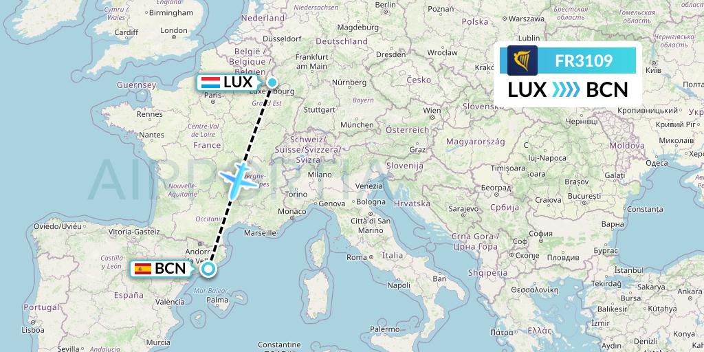 FR3109 Ryanair Flight Map: Luxembourg to Barcelona