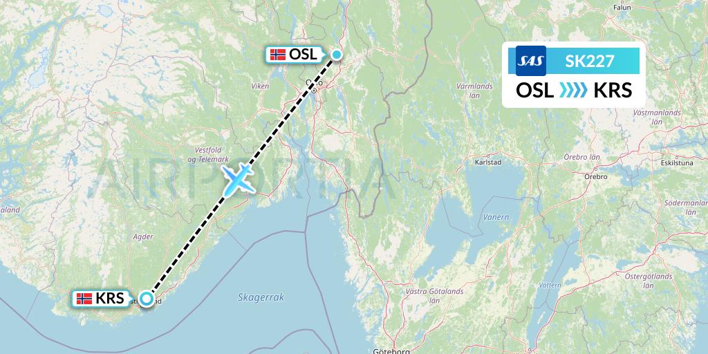 SK227 SAS Flight Map: Oslo to Kristiansand