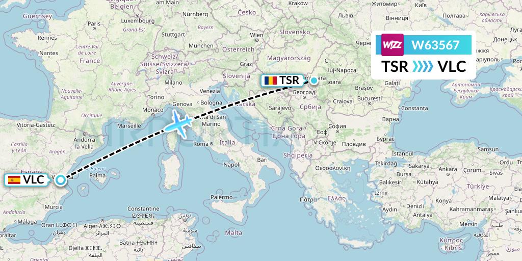 W63567 Wizz Air Flight Map: Timisoara to Valencia