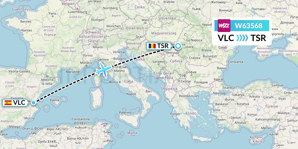 W63568 Wizz Air Flight Map: Valencia to Timisoara