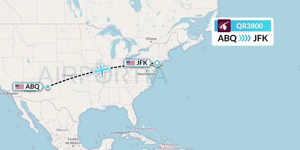 QR3800 Qatar Airways Flight Map: Albuquerque to New York