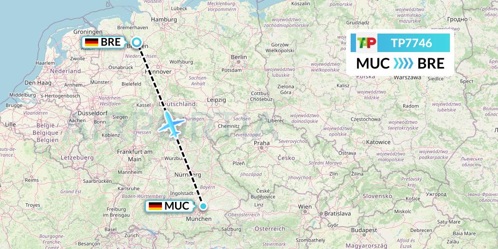 TP7746 TAP Portugal Flight Map: Munich to Bremen
