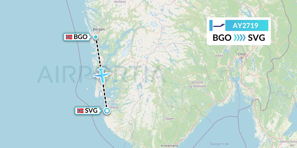 AY2719 Finnair Flight Map: Bergen to Stavanger