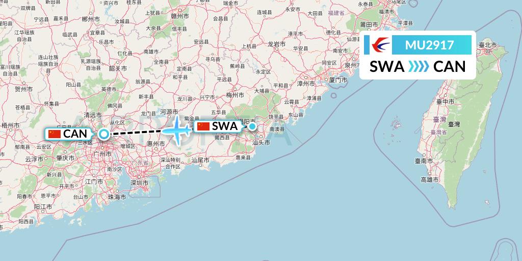 MU2917 China Eastern Airlines Flight Map: Jieyang to Guangzhou