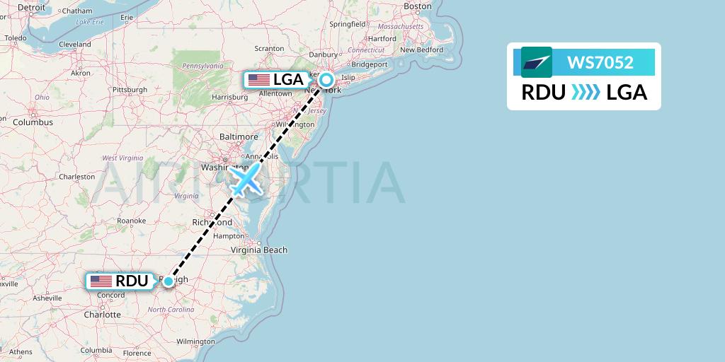 WS7052 WestJet Flight Map: Raleigh-Durham to New York