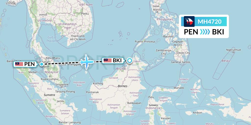 MH4720 Malaysia Airlines Flight Map: Penang to Kota Kinabalu