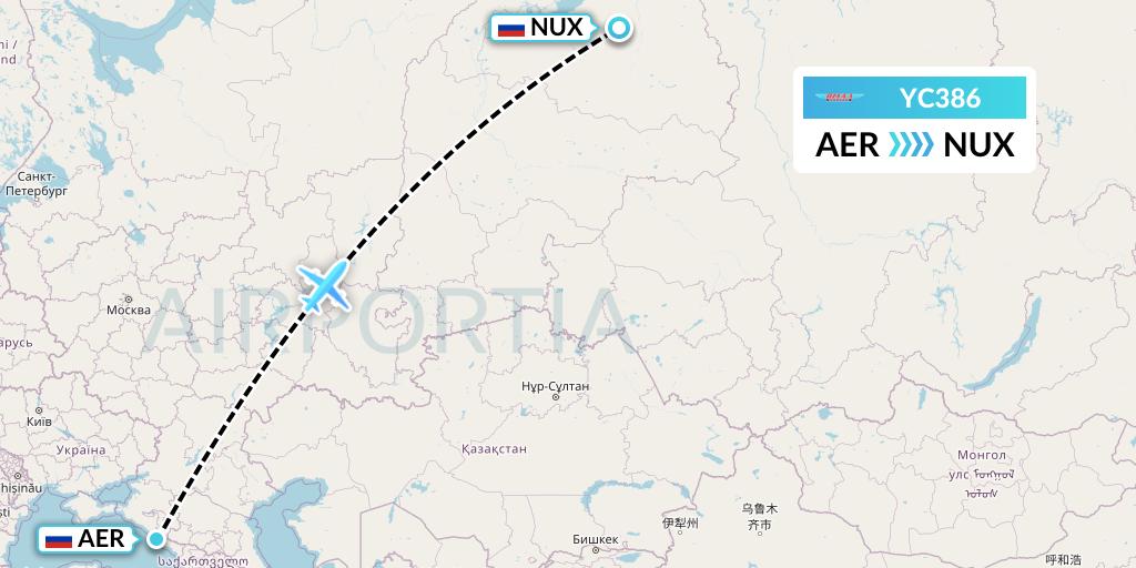 YC386 Yamal Airlines Flight Map: Sochi to Novy Urengoy