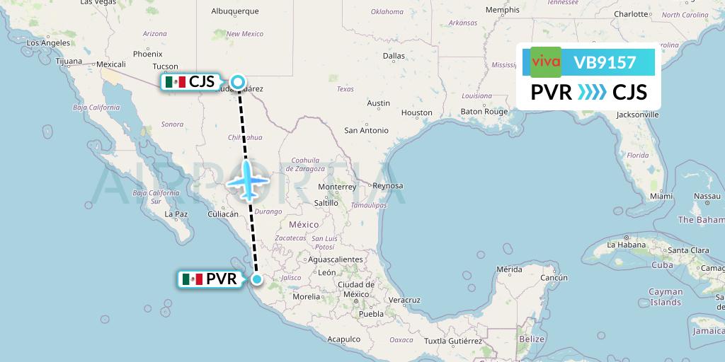VB9157 VivaAerobus Flight Map: Puerto Vallarta to Ciudad Juarez