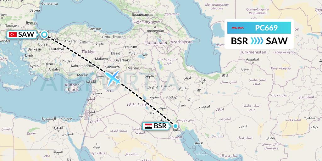 PC669 Pegasus Airlines Flight Map: Basra to Istanbul