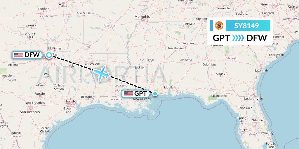 SY8149 Sun Country Airlines Flight Map: Gulfport to Dallas